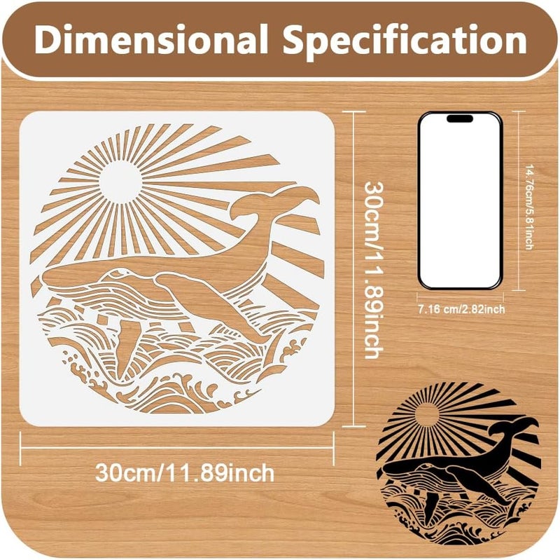 DOODLREAM Whale Wave Stencil for Painting, 11.8"x11.8"Reusable Ocean Creature Stencil Drawing Template, Sunrise DIY Craft Paint Template for Wall Home Decor Wood Burning Card Journal Canvas Fabric - Image 2